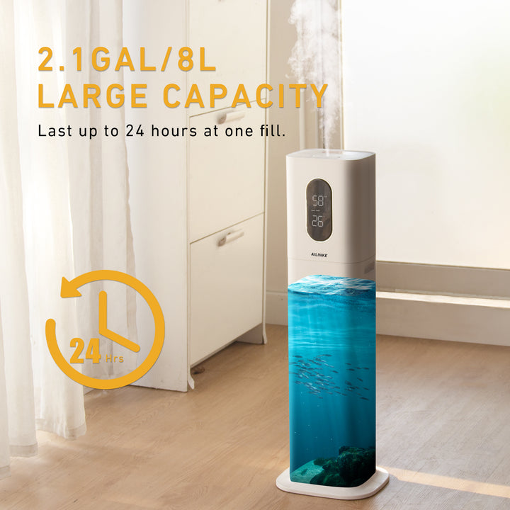 [BH-033]Humidifiers for Bedroom Large Room, AILINKE 8L Large Ultrasonic Top Fill Humidifier with 3 Speed Humidistat for Baby Kids Adults Home Yoga Sleep